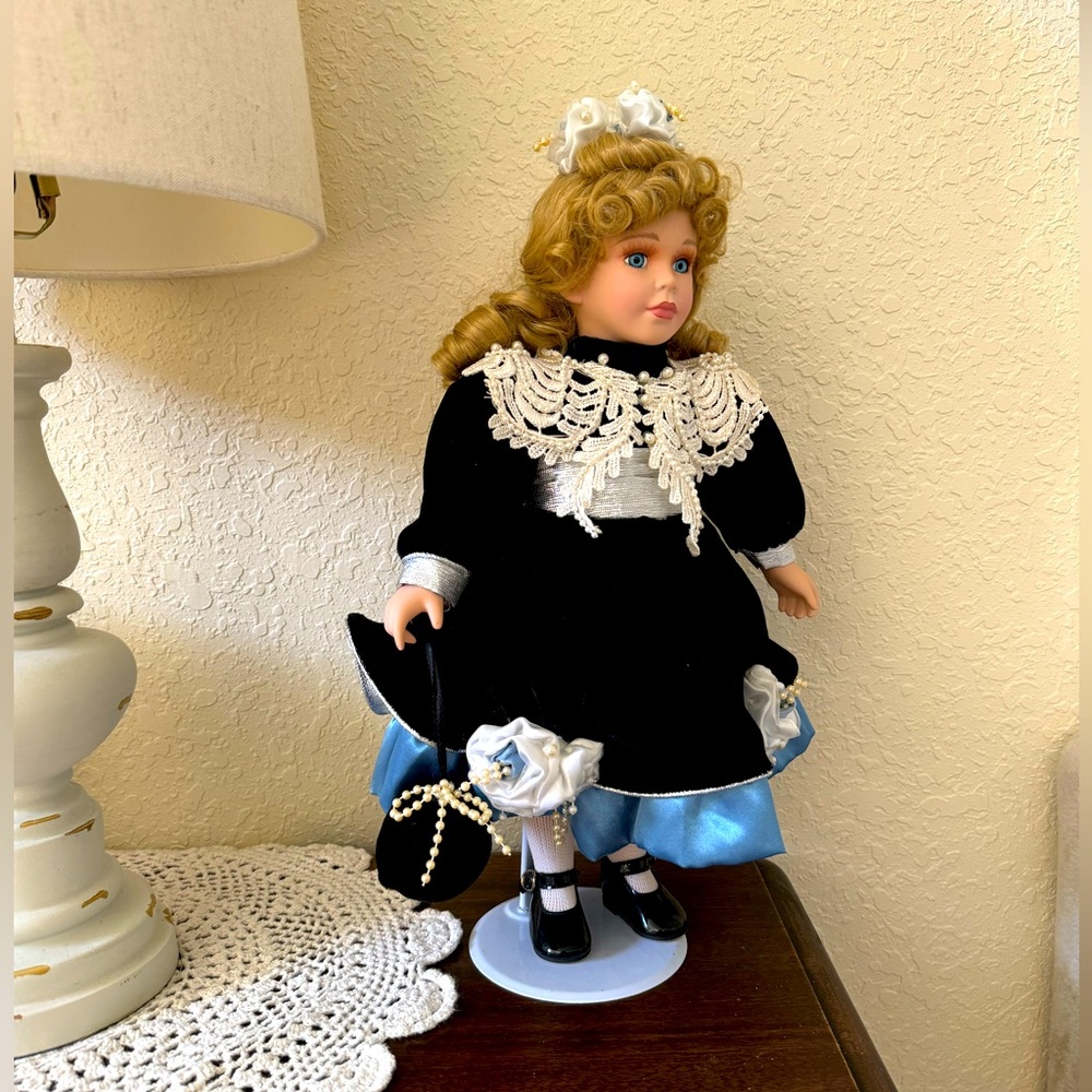 Standing Porcelain Victorian Doll with Stand, 17 inches Tall